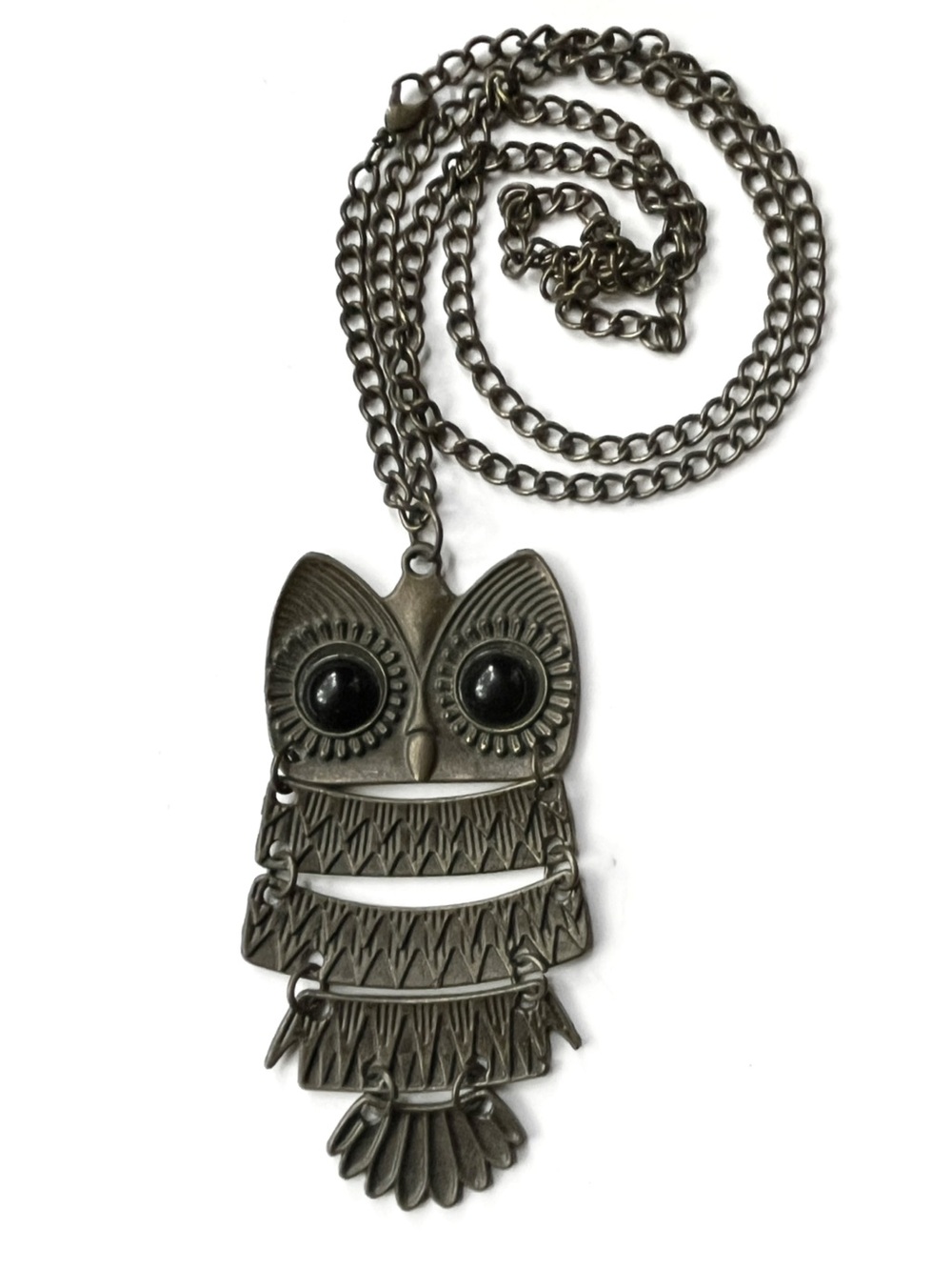 Vintage 34” Articulated 90’s Owl Pendant Necklace Antiqued Brass Chain